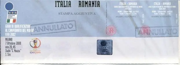білет зб.Італія-Румунія 2000 відбір ЧС-2002 /Italy-Romania football match ticket