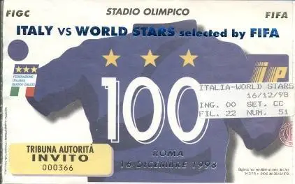 білет зб. Італія-зб.Світу ФІФА 1998 / Italy-FIFA World XI football match ticket
