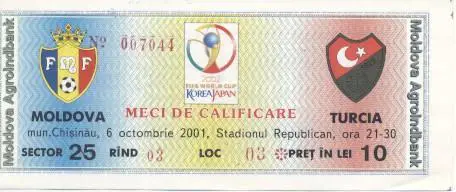 білет зб. Молдова-Туреч.2001a відб.ЧС-2002 /Moldova-Turkey football match ticket