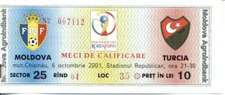 білет зб. Молдова-Туреч.2001b відб.ЧС-2002 /Moldova-Turkey football match ticket