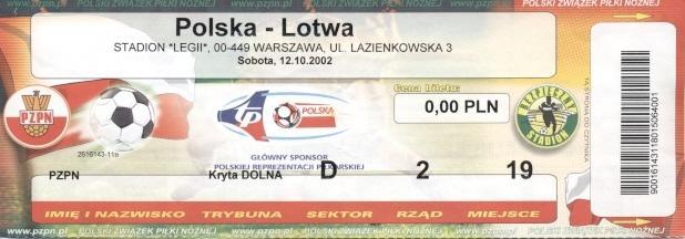 білет зб.Польща-Латвія 2002a відбір ЧЄ-2004 /Poland-Latvia football match ticket