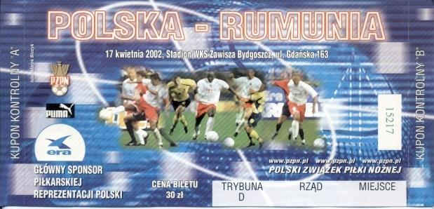 білет зб. Польща-Румунія 2002 МТМ /Poland-Romania friendly football match ticket