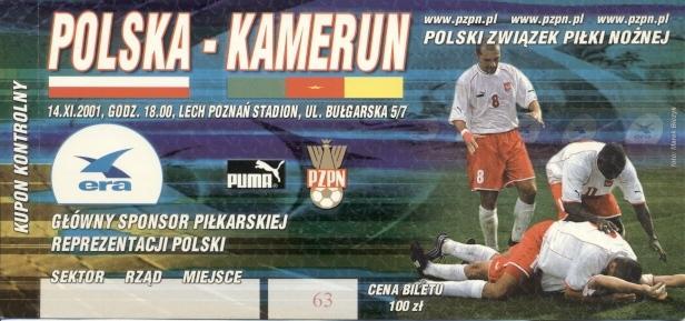 білет зб.Польща-Камерун 2001 МТМ /Poland-Cameroon friendly football match ticket