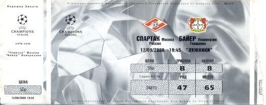 білет Спартак/Spartak Rus-Баєр/Bayer Leverkusen Germany/Німеч.2000b match ticket