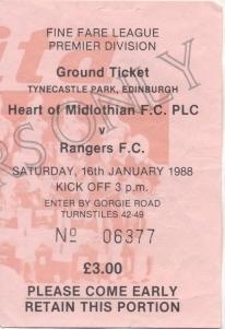 білет Шотландія Scotland League 1988 Heart of Midlothian-Rangers match ticket