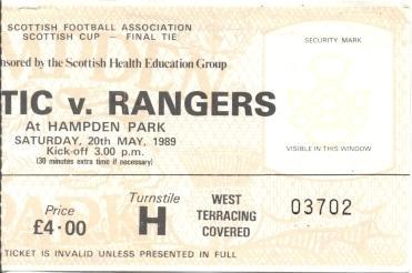 білет Шотландія Scotland Cup 1989 Glasgow Celtic-Rangers Cup final match ticket