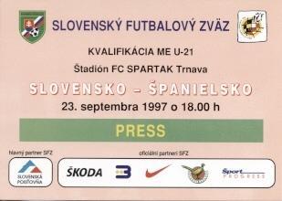 білет зб.Словаччина-Іспанія 1997a молодіж./Slovakia-Spain U21 match press ticket