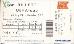 білет Viking Stavanger Norway/Норвег-Hertha BSC Germany/Німеч. 2001 match ticket
