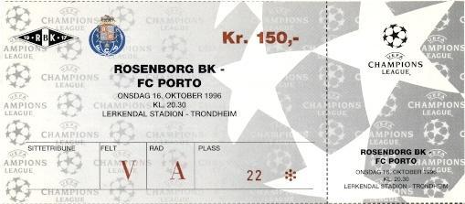 білет Rosenborg BK Norway/Норвегія-FC Porto Portugal/Португал. 1996 match ticket