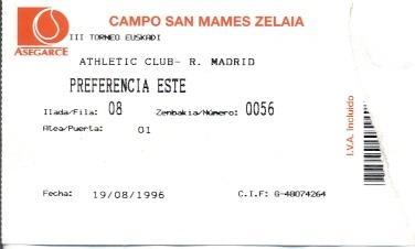 білет Іспан.Torneo Espana Athletic Bilbao-Real Madrid 1996 entrada match ticket