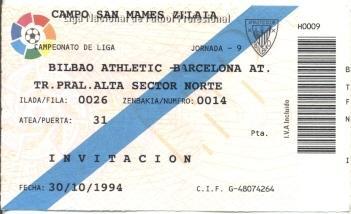 білет Іспан.Campeonato Espana Athletic B.-FC Barcelona 1994 entrada match ticket