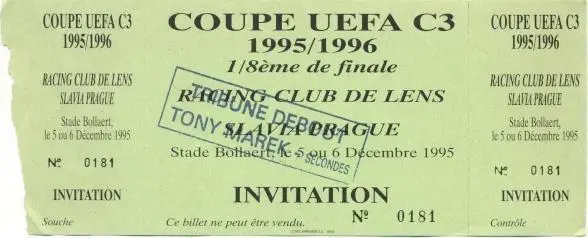 білет Ланс/RC Lens France/Франц.-Славія/Slavia Praha Czech/Чех.1995 match ticket