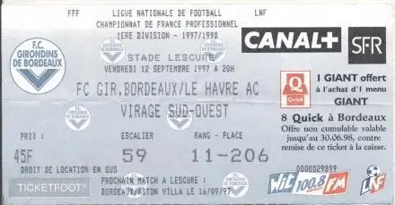 білет Франц. Championnat France FC Bordeaux-Le Havre AC 1997 billet match ticket