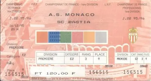 білет Франція Championnat de France AS Monaco-SC Bastia 1995 billet match ticket