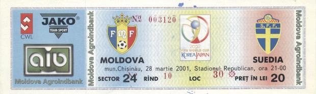 білет зб.Молдова-Швеція 2001b відб.ЧС-2002 /Moldova-Sweden football match ticket