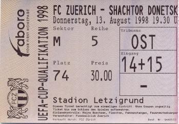білет Цюрих/Zurich FC Switzerl./Швейц- Шахтар/Shakhtar Ukraine 1998 match ticket