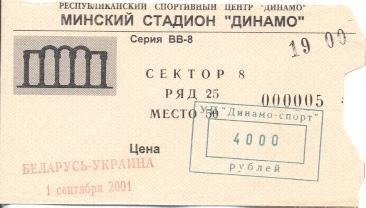 білет зб. Білорусь-Україна 2001a відбір на ЧС-2002 /Belarus-Ukraine match ticket
