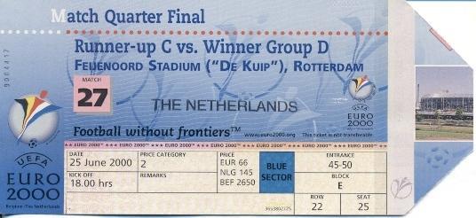 білет Євро-2000 зб.Нідерл.-Югосл. /Euro 2000 Netherlands-Yugoslavia match ticket