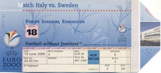 білет Євро-2000 зб. Італія-Швеція / Euro 2000 Italy-Sweden football match ticket