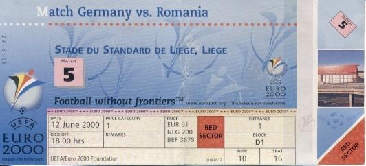 білет Євро-2000 зб. Німеччина-Румунія / Euro 2000 Germany-Romania match ticket