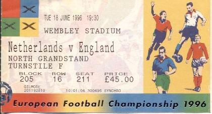 білет Євро-1996 зб. Нідерланди-Англія/Euro 1996 Netherlands-England match ticket