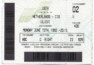 білет Євро-1992 зб. Нідерланди-снд=снг / Euro 1992 Netherlands-cis match ticket