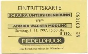 білет Австрія Austria/Osterreich 1997 Admira Wacker-Untersiebenbrun match ticket