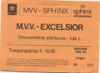 білет Нідерланди Netherlands Eredivisie League 1984 MVV-Excelsior match ticket