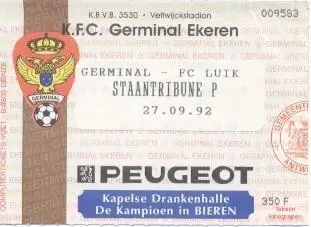 білет Бельгія Belgium League 1992 KFC Germinal Ekeren-FC Liege match ticket
