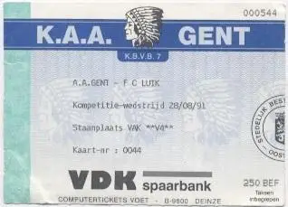 білет Бельгія Belgium League 1991 Гент/AA Gent-Льєж/FC Liegeois match ticket