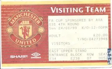 білет Англія England 1999 Manchester United-Liverpool FC, FA Cup match ticket