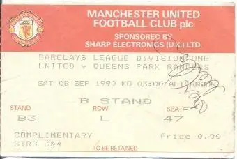 білет Англія England Premier League 1990 Manchester United FC-QPR match ticket