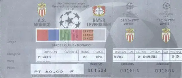 білет AS Monaco France/Франція-Bayer Leverkusen Germany/Німеч.1997 match ticket