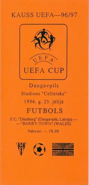 прог.Дінабург/Dinaburg Latv/Латв-Баррі/Barry Town,Wales/Уельс 1996 match program