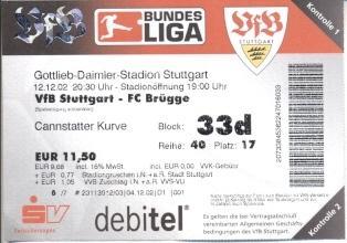 білет VfB Stuttgart Germany/Німеч.-Club Brugge Belgium/Бельгія 2002 match ticket