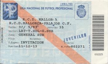 білет Іспан.Campeonato Espana RCD Mallorca-Palamos CF 1993 entrada match ticket