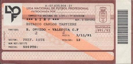 білет Іспан.Campeonato Espana Real Oviedo-Valencia CF 1991 entrada match ticket