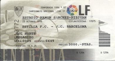 білет Іспанія Campeonato Espana Sevilla-FC Barcelona 1996 entrada match ticket