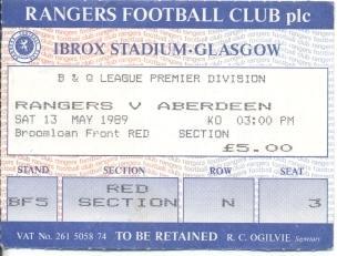 білет Шотланд.Scotland Premier League 1989 Glasgow Rangers-Aberdeen match ticket