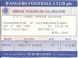 білет Шотландія Scotland Premier League 1988 Glas.Rangers-Hibernian match ticket