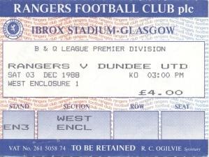 білет Шотландія Scotland Premier League 1988 Rangers-Dundee United match ticket