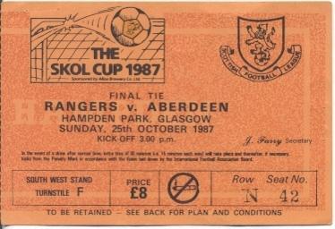 білет Шотландія Scotland 1987 Gla.Rangers-Aberdeen League Cup final match ticket