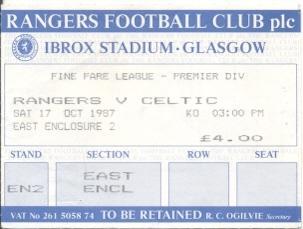 білет Шотландія Scotland Premier League 1987 Glasgow Rangers-Celtic match ticket