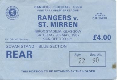 білет Шотландія Scotland Premier League 1987 Glas.Rangers-St.Mirren match ticket