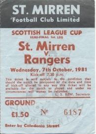 білет Шотланд.Scotland 1981 St.Mirren-Rangers League Cup semi-final match ticket