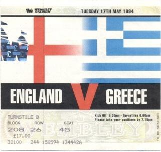 білет зб. Англія-Греція 1994 МТМ / England-Greece friendly football match ticket