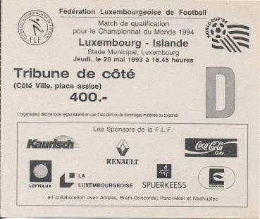 білет зб.Люксембург-Ісландія 1993a відб.ЧМ-1994 /Luxembourg-Iceland match ticket