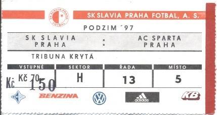 білет Чехія Cesko Mistrovstvi Slavia-Sparta Praha 1997 vstupenka match ticket