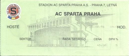 білет Чехія Cesko Mistrovstvi Sparta Praha-Uherske H.1996 vstupenka match ticket