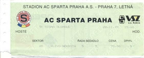 білет Чехія Cesko Mistrovstvi Sparta Praha-Sigma Olo.1997 vstupenka match ticket